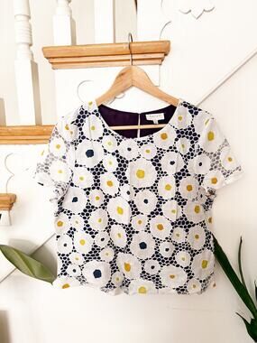 Harlyn Women's White Navy Yellow Floral Lace Overlay Blouse Size M